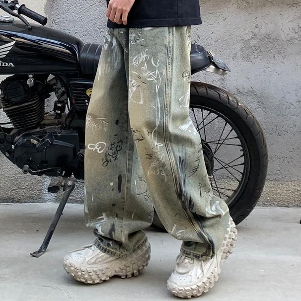Men's Graffiti Jeans European Station Paris Retro Personality Straight Loose Trendy Fashion Brand 2025_mkmklike.com