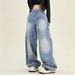 Women's Washed Retro Jeans - Loose BF Fit Wide Leg Casual Pants With Scimitar Design (High Street Style)_mkmklike.com