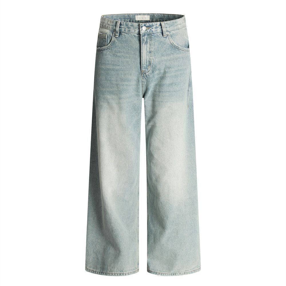 Loose Wide-Leg Jeans For Men American Street Style Washed Gradient Hem Distressed Casual Straight-Leg Pants_mkmklike.com