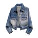 Chicco Washed Vintage American Long Sleeve Denim Jacket Top Jade Blue Lazy Style Versatile Comfortable Loose Fit Autumn Winter_mkmklike.com