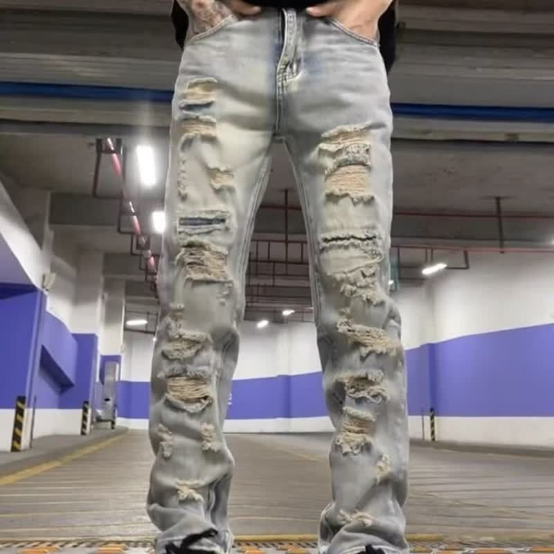 Men's Clothing Retro Distressed Washed Vintage Washed Distressed Ripped Loose Fit Bootcut Jeans For Men, High Street Hip Hop Straight Leg Denim Pants_mkmklike.com