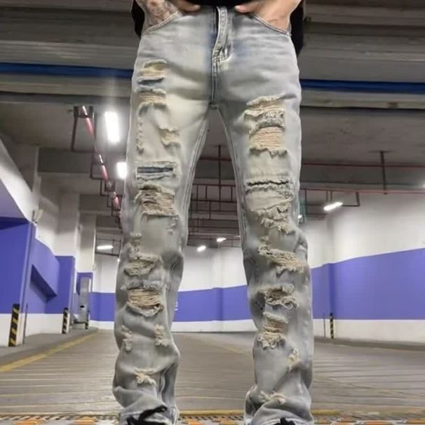 Men's Clothing Retro Distressed Washed Vintage Washed Distressed Ripped Loose Fit Bootcut Jeans For Men, High Street Hip Hop Straight Leg Denim Pants_mkmklike.com