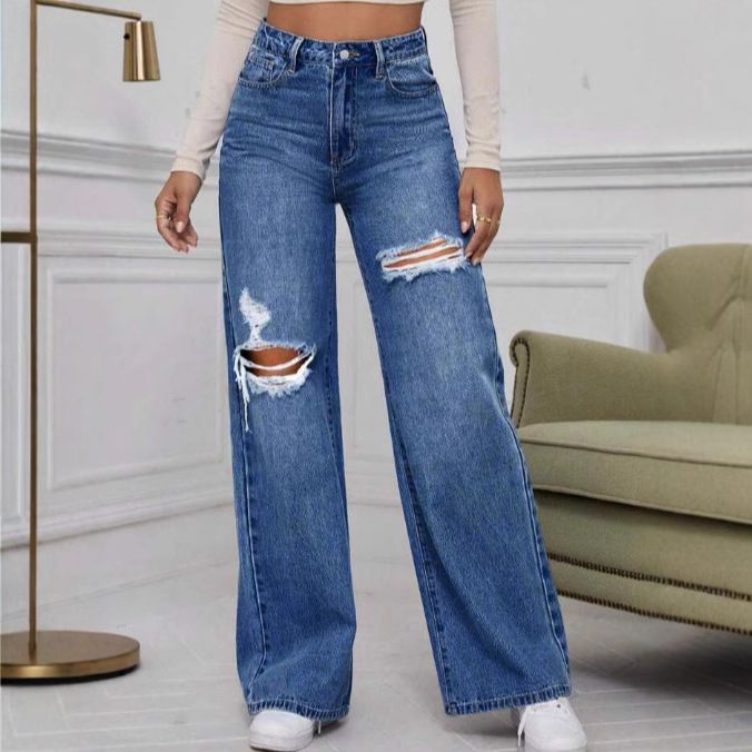 Women's Clothing Versatile Fashion Simple Ripped Ladies Wide Leg Pants_mkmklike.com