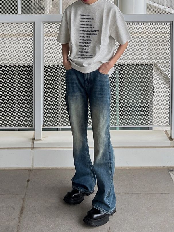 Men's Clothing Men's Distressed Bootcut Jeans - Vintage Washed Denim Pants With Clean Fit (Blue, S-XXL)_mkmklike.com