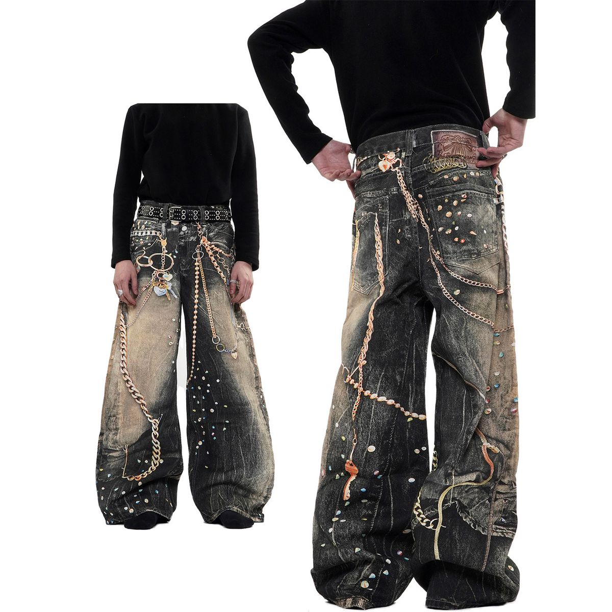 Heavy Duty Chain Print Jeans Straight Leg Trousers For Men And Women High Street Style Summer Trendy Trade_mkmklike.com