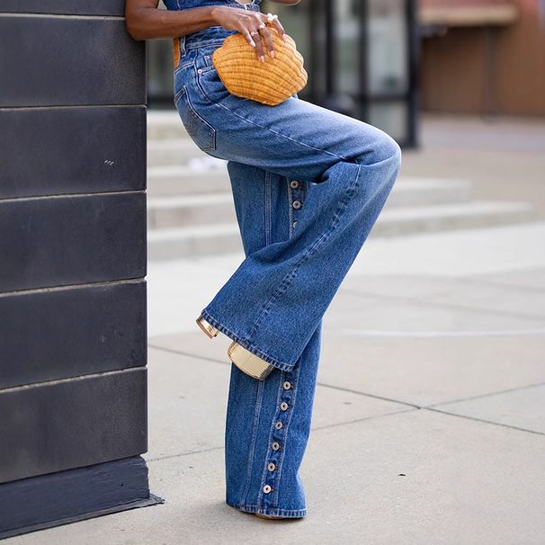 Women's High-Waisted Button-Fly Jeans – Raw Hem Distressed Denim Pants, Loose Fit Streetwear Style (Blue, S-4XL)_mkmklike.com