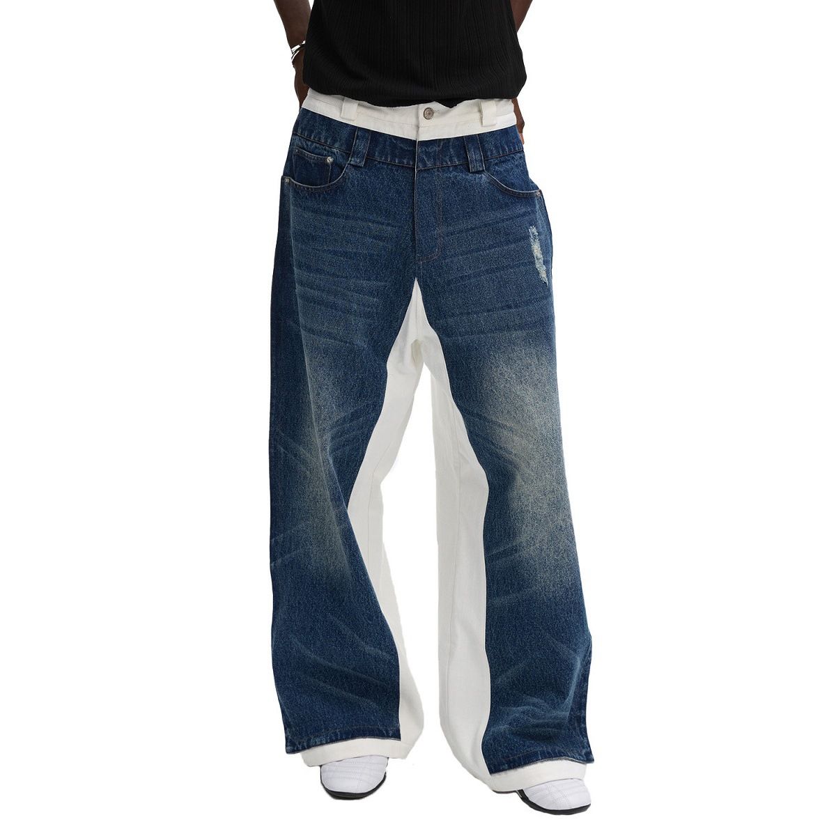 Men's Premium Blue & White Layered Denim Jeans – Relaxed Straight Cut (High-End Streetwear, Unisex Styling)_mkmklike.com