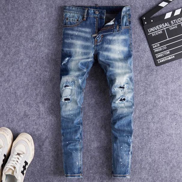 Men's Clothing Men's High Street Fashion Ripped Jeans Trendy Distressed Blue Washed Tie Dye Retro Slim Fit Skinny Jeans_mkmklike.com