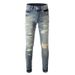 European And American Trendy Brand High Street American Jeans Men's Thread Insertion Process, Holes And Random Lines Patch Elastic Slim Men's Pants_mkmklike.com