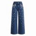 Women's Distressed Straight Leg Jeans Rhinestone Embellished Denim Pants Comfort Fit Stretch_mkmklike.com