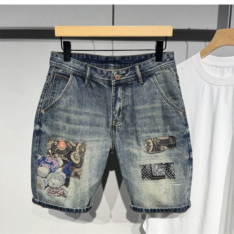 Men's Patch Embroidered Denim Shorts Handsome High Street Retro Casual Summer Fashion Brand_mkmklike.com