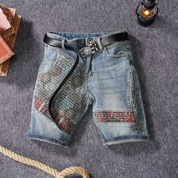 Men's Clothing Patchwork Denim Shorts Men's Slim Fit Denim Shorts With Patchwork & Embroidery - Straight Leg Casual Streetwear Shorts For Summer_mkmklike.com