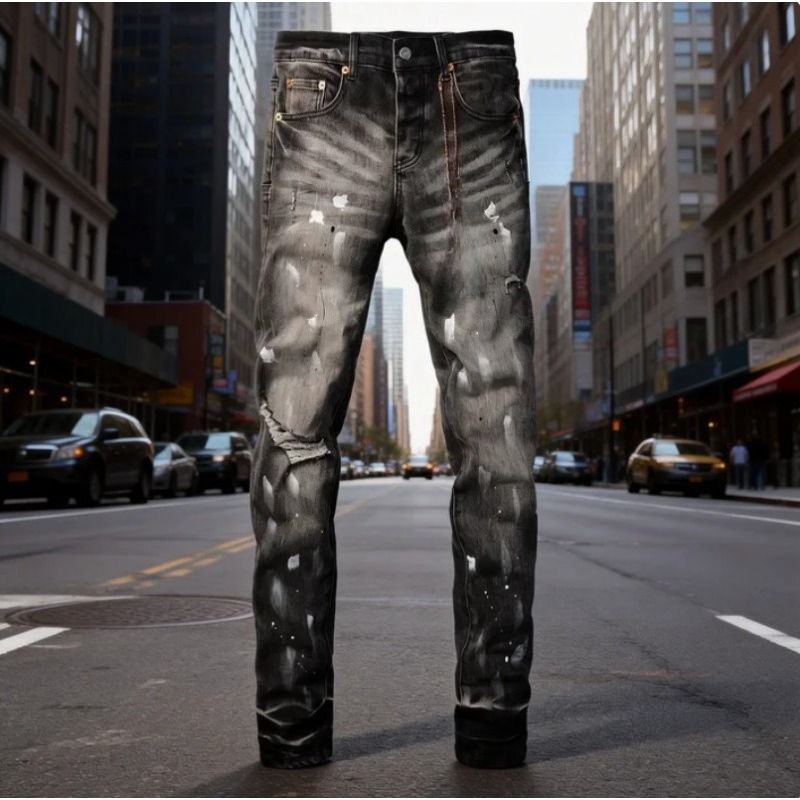 Unisex Y2K Stacked Flared Jeans, Ash Grey Fade, White Splatter, Small Ripped Knee, Summer_mkmklike.com