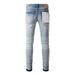 Men's American High Street Fashion Style Distressed Light Blue Stretch Skinny Damaged Holes Raw Hems Button Fly Ripped_mkmklike.com