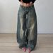 "Vintage Washed Patchwork Low Rise Jeans For Women, Comfortable Loose Fit Casual Denim Pants, Retro American Style Distressed Jeans"_mkmklike.com