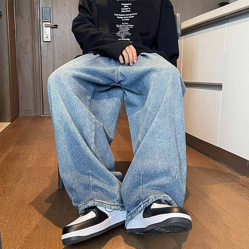 Men's Washed Straight-Leg Jeans – Japanese & Korean Streetwear Style (S-3XL, Blue/Black)_mkmklike.com