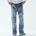 Unique Patchwork Washed Jeans For Men American High Street Trendy Brand Straight Loose Design Deconstructed Long Pants_mkmklike.com