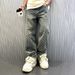 Men's Clothing Print High Street Fashion Brand Ins Design Jeans Loose Straight Washed Wide Leg Long Pants_mkmklike.com