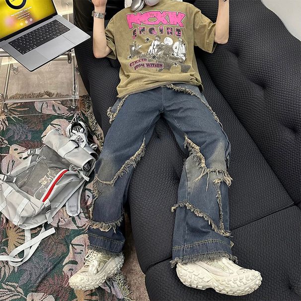Nordmann Men's Jeans American Retro Loose Straight Wide-Leg High Street Trend Hip-Hop Design Workwear Casual Pants_mkmklike.com