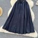 Women's Clothing Retro V Neck Metal Buttoned Exposed Waist Temperament Sleeveless Dress For Women Summer Slim Elegant Denim Long Skirt_mkmklike.com