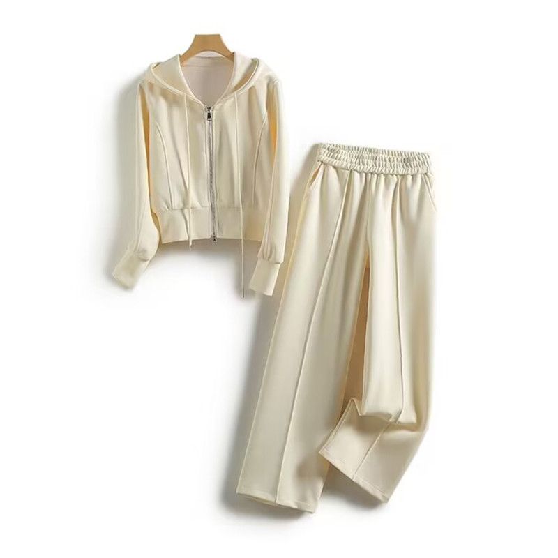 Women's Clothing pink hooded sweatshirt wide leg pants two piece suit_mkmklike.com