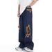 Men's Clothing Retro Washed Ripped Embroidered Flowers Niche Design Loose Straight Leg Mopping Trousers_mkmklike.com