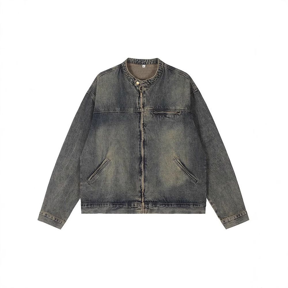 Men's Clothing Washed And Distressed Yellow Mud Dyed Retro Blue Zipper Denim Jacket Cool And Street Friendly Loose Versatile Jacket Top_mkmklike.com