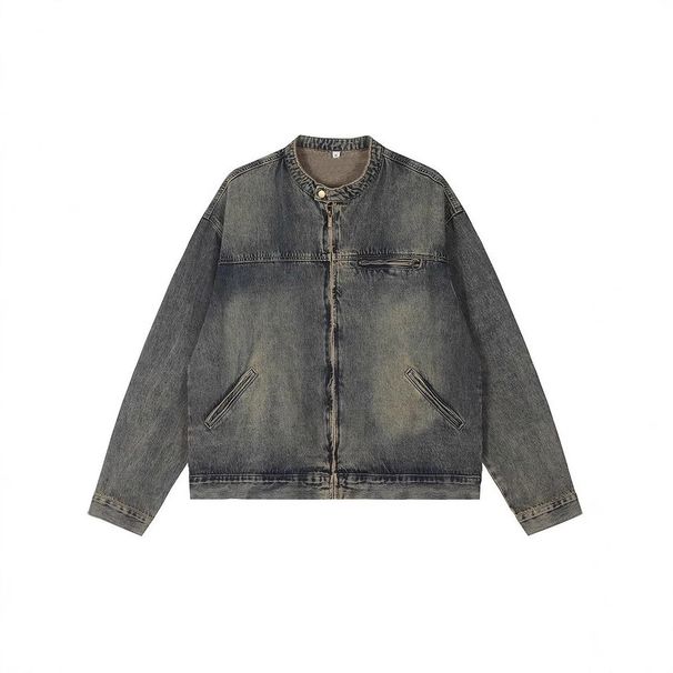 Men's Clothing Washed And Distressed Yellow Mud Dyed Retro Blue Zipper Denim Jacket Cool And Street Friendly Loose Versatile Jacket Top_mkmklike.com