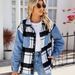 Women's Oversized Denim Shirt Jacket - Black & White Checkered Long Sleeve Casual Top_mkmklike.com