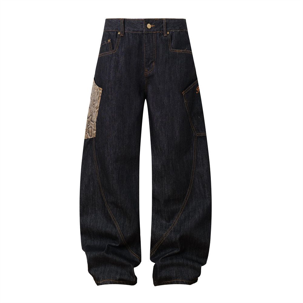 Unique Design Denim Scimitar Men's Workwear Long Color-Block Snake Pattern Pocket Loose Wide-Leg Sickle Pants Trendy_mkmklike.com