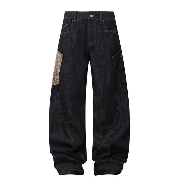 Unique Design Denim Scimitar Men's Workwear Long Color-Block Snake Pattern Pocket Loose Wide-Leg Sickle Pants Trendy_mkmklike.com