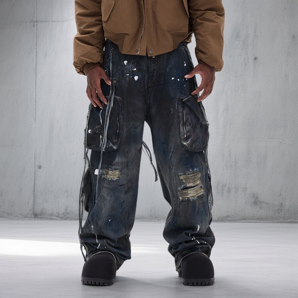 Trendy Men's Relaxed Fit Straight Leg Jeans - Dark Blue Washed With Faux Ripped & Graffiti Details_mkmklike.com