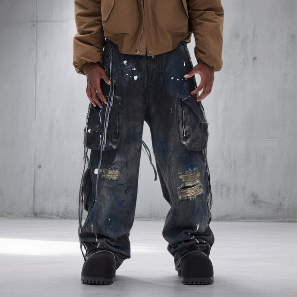 Trendy Men's Relaxed Fit Straight Leg Jeans - Dark Blue Washed With Faux Ripped & Graffiti Details_mkmklike.com
