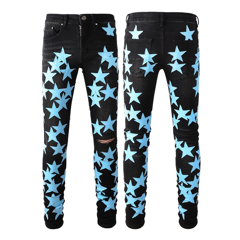 Men's Clothing Leather Star High Tech Elastic Slim Fit Stretch Jeans With Star Patches - High Street Fashion Denim Pants For Youth (Black, 28-36)_mkmklike.com