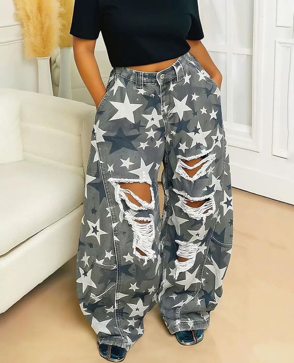 Women's Star Camo Ripped Jeans - Y2K Wide Leg Denim Pants, Mid Rise Loose Fit Vintage Washed For Streetwear & Casual_mkmklike.com