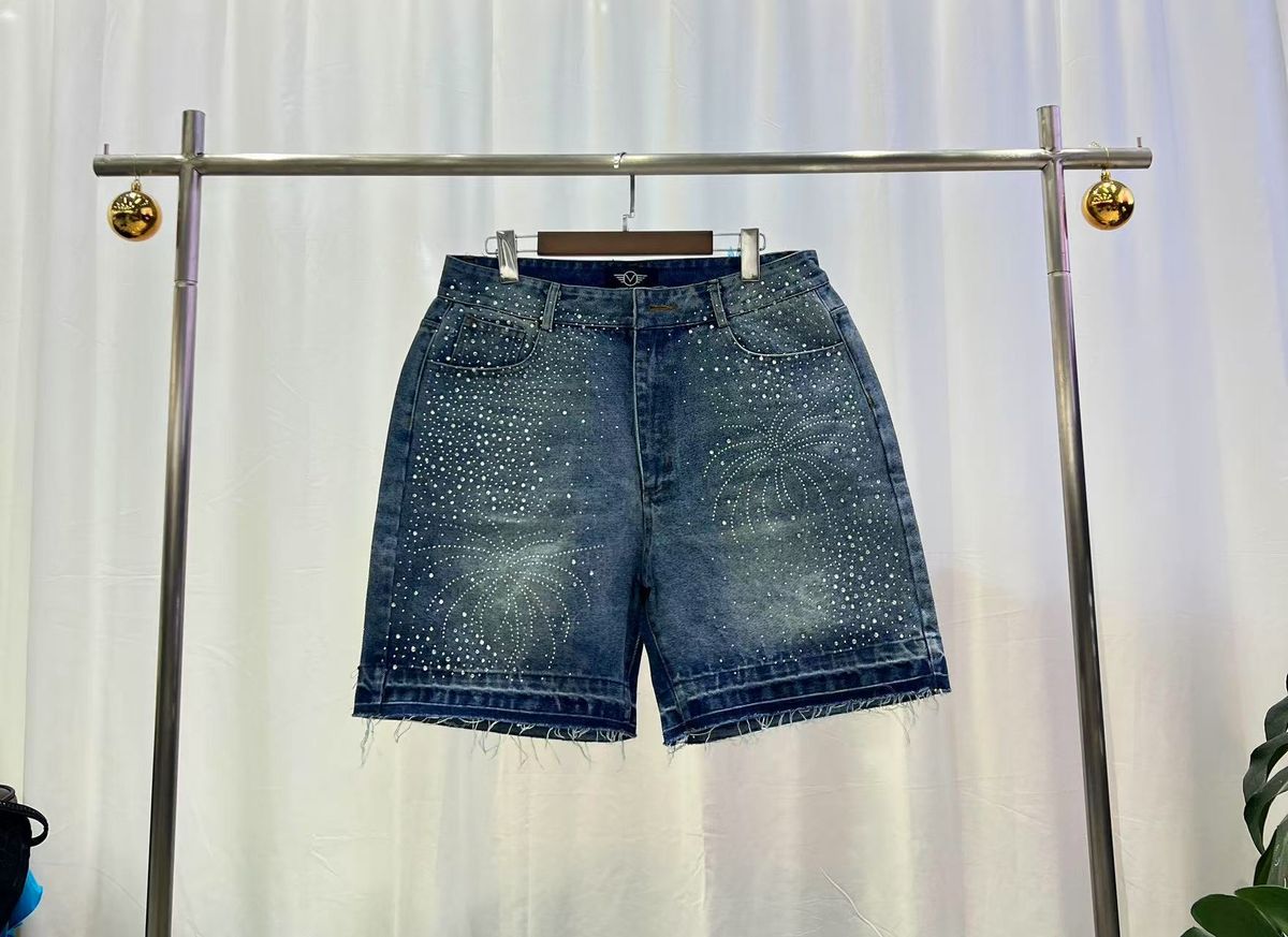 Men's Clothing Denim Shorts, Rhinestone Fireworks Pattern + Raw Edge Design, Easy To Wear Street Fashion Sense WL633 2_mkmklike.com