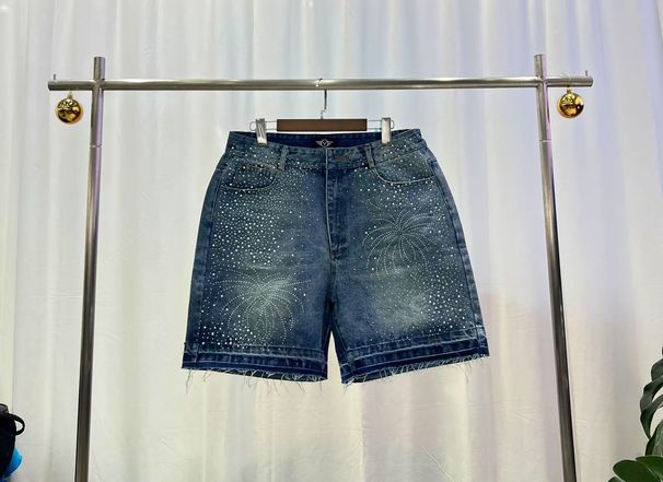 Men's Clothing Denim Shorts, Rhinestone Fireworks Pattern + Raw Edge Design, Easy To Wear Street Fashion Sense WL633 2_mkmklike.com