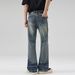 Men's Fashion High Street Distressed Washed Denim Jeans With Bell Bottom & Ripped Details_mkmklike.com