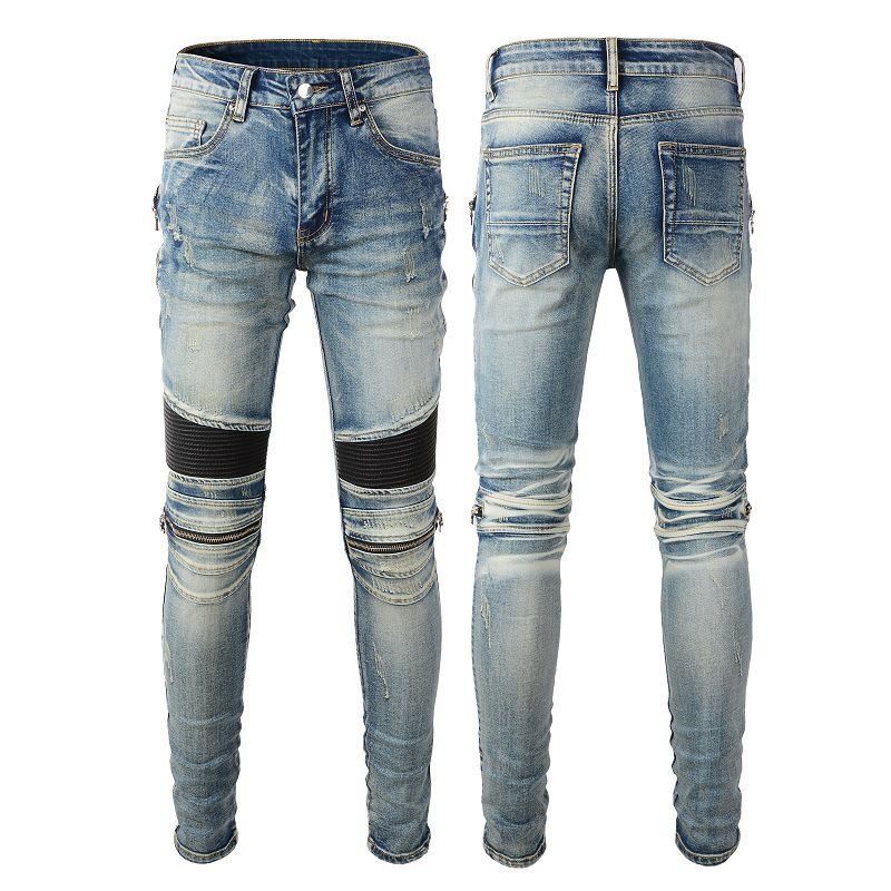 Casual Men's Pants Cycling Jeans Men's High Street Locomotive Zipper Ripped Splicing Men's Pants 606_mkmklike.com
