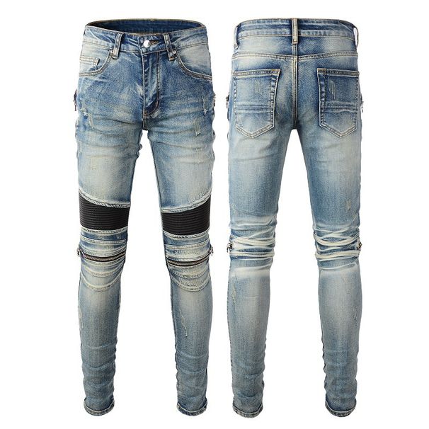 Casual Men's Pants Cycling Jeans Men's High Street Locomotive Zipper Ripped Splicing Men's Pants 606_mkmklike.com