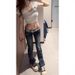 "Women's Low-Rise Straight-Leg Jeans With Wing Embroidery - Stretch Slim Fit Flared Trousers For Casual Streetwear"_mkmklike.com