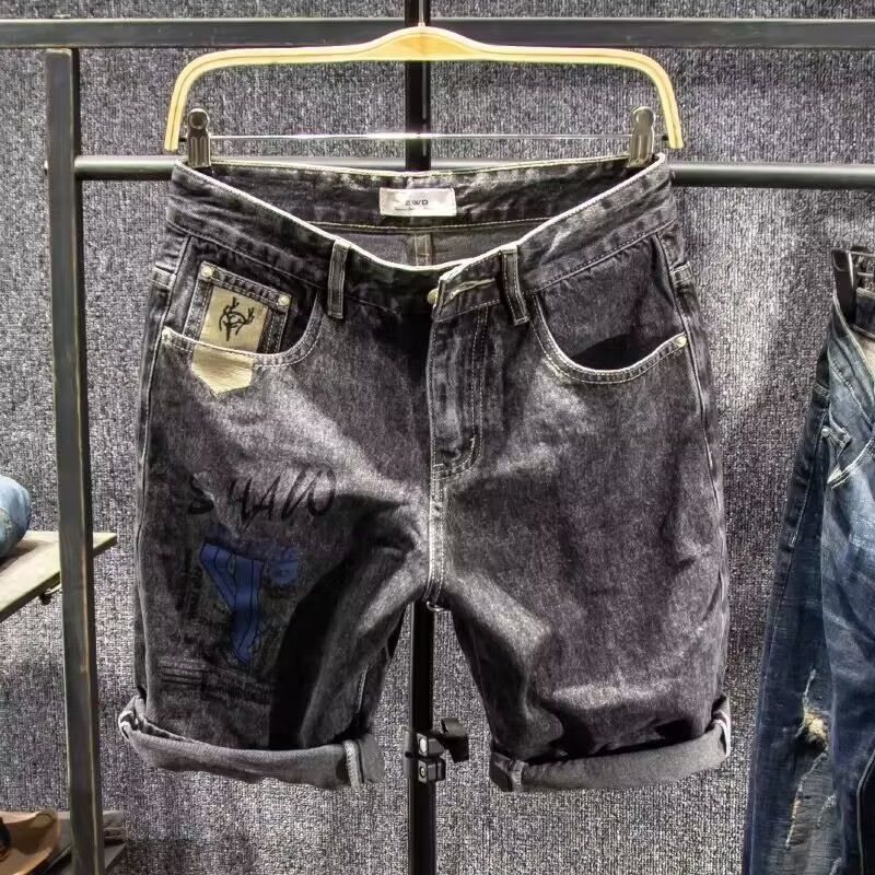 Color Blocked Ripped Denim Shorts For Men Loose Mid-Length Summer Outerwear Trendy Patchwork Five Point Pants_mkmklike.com