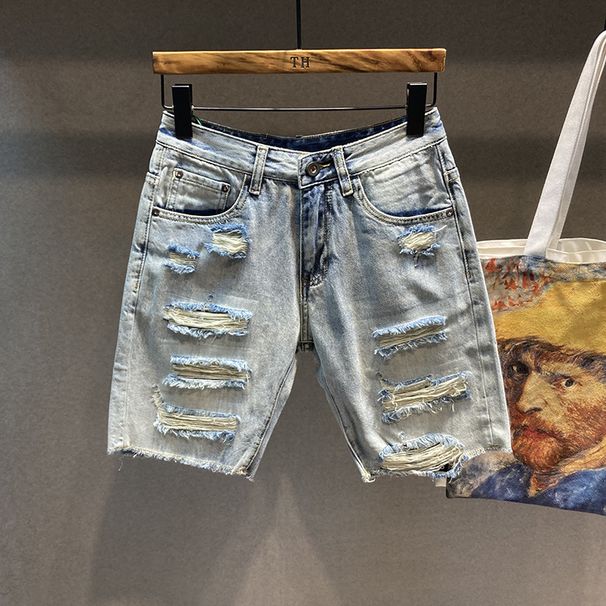 Men's Clothing Retro Nostalgic Raw Edge Big Hole Jeans Loose Handsome Shorts_mkmklike.com