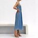 K Women's Denim Distressed Shoulder Strap Single Row Button Mid Length Dress_mkmklike.com