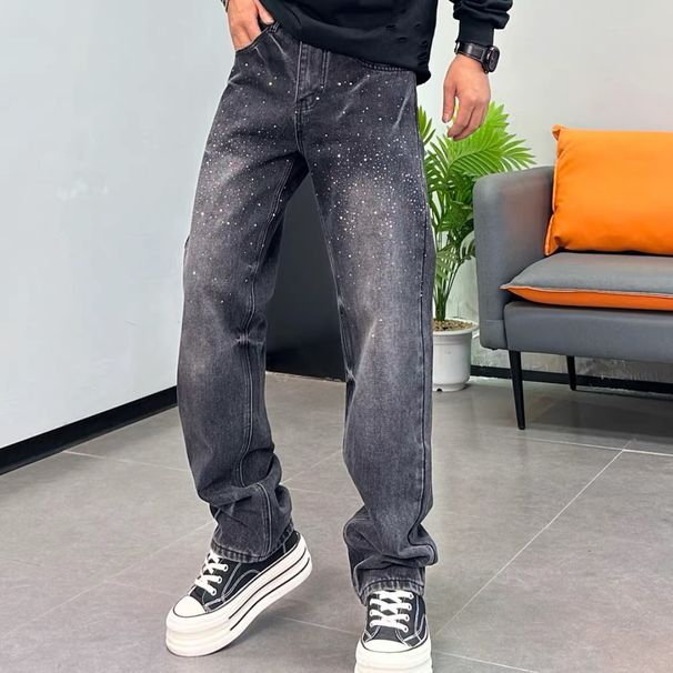 Men's Distressed Black Straight Leg Jeans With All-Over Star Print - Relaxed Fit Vintage Washed Denim Pants For Casual Wear_mkmklike.com