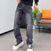 Men's Distressed Black Straight Leg Jeans With All-Over Star Print - Relaxed Fit Vintage Washed Denim Pants For Casual Wear_mkmklike.com