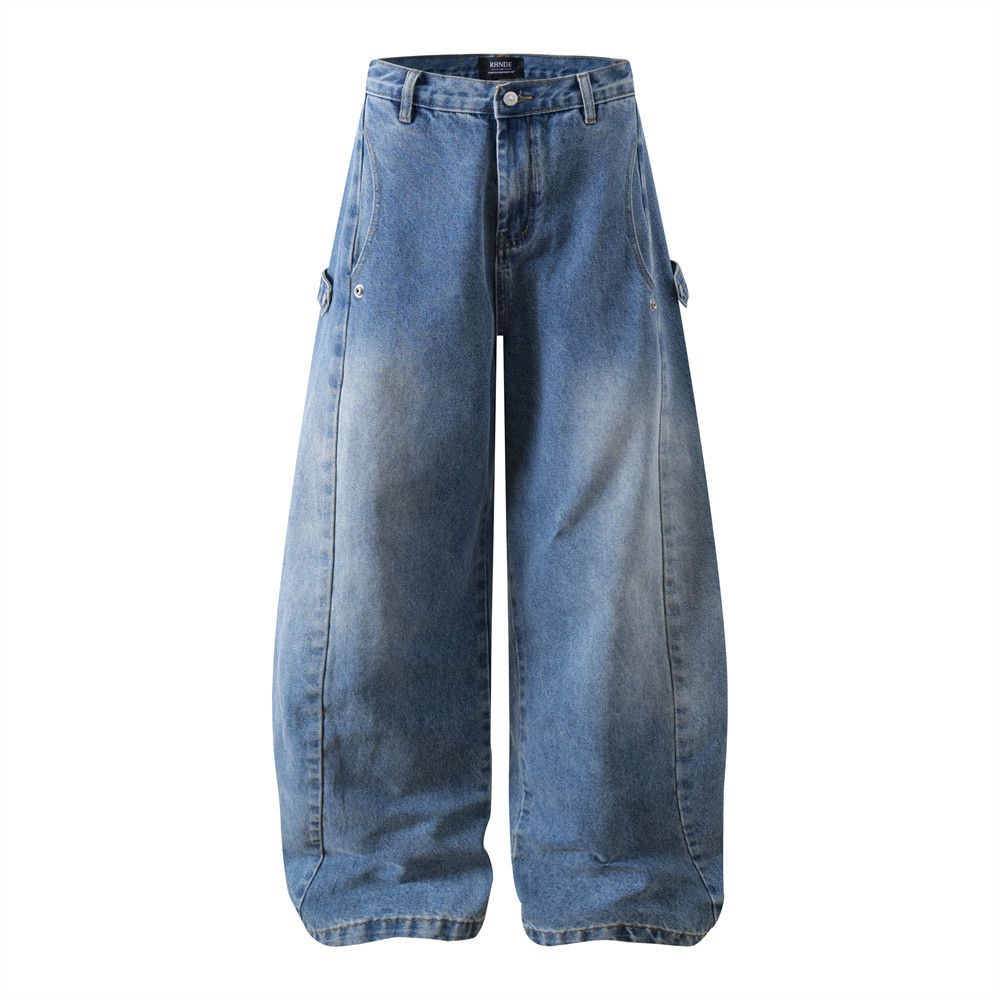 Curved Wide-Leg Jeans Trendy Brand Men's Design Workwear Long Vibe High Street Washed Vintage Distressed Loose Pants_mkmklike.com