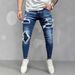Men's Distressed Cat Whisker Patchwork Jeans – Slim Fit Stretch Denim, Vintage Wash (Cotton, Straight Leg, Streetwear Essential)_mkmklike.com