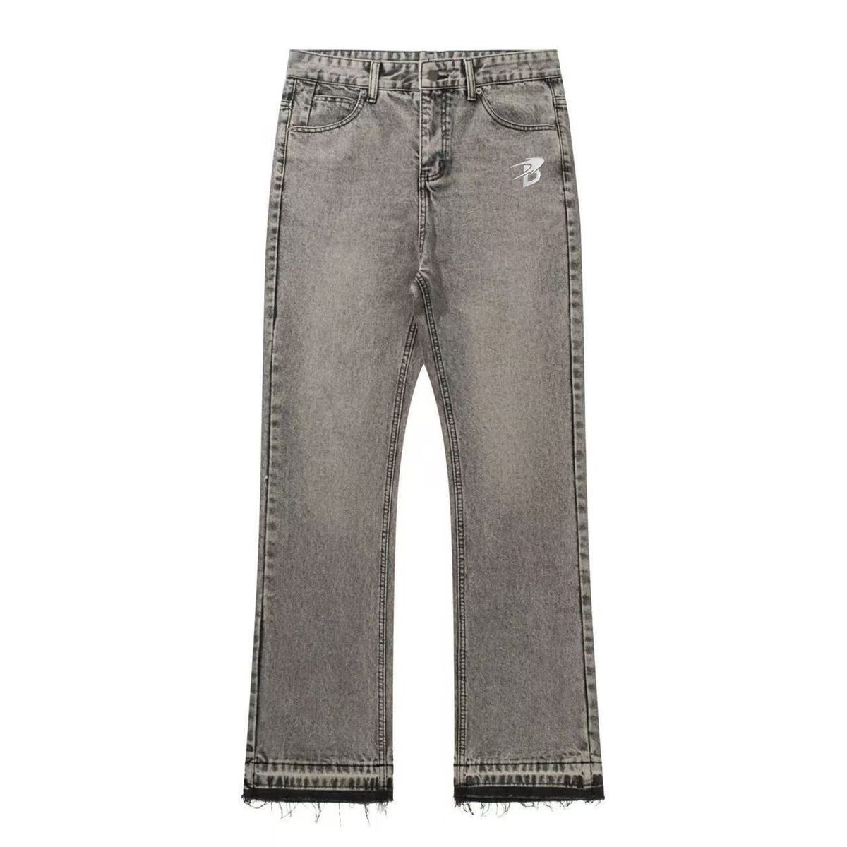 Men's Clothing Men's Washed Vintage Jeans With Tasseled Cuffs And Color Blocked Design; Letter B Comet Style._mkmklike.com