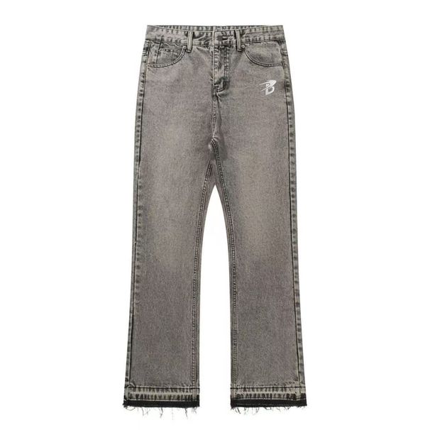 Men's Clothing Men's Washed Vintage Jeans With Tasseled Cuffs And Color Blocked Design; Letter B Comet Style._mkmklike.com